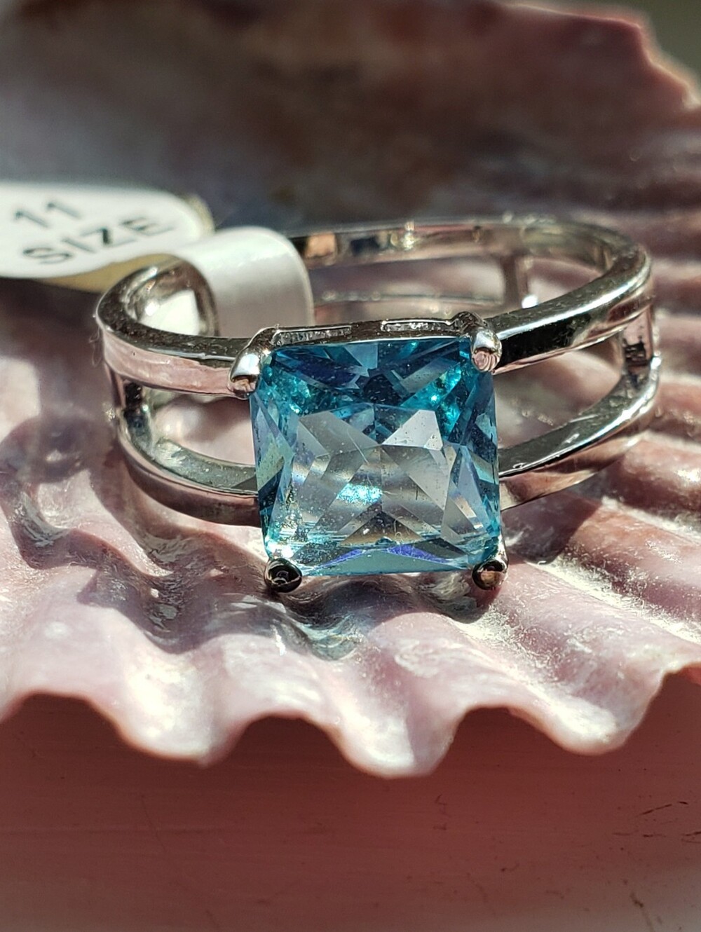 NEW SZ 11 Aquamarine Square-cut Solitaire Stone In Split Shank Stamped Sterling